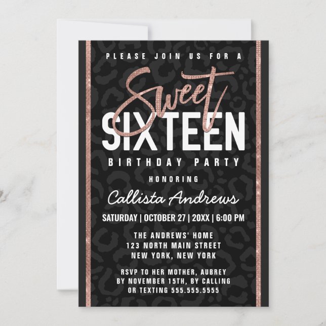 Invitation Chic Rose gris noir Parties scintillant or Cheetah (Devant)