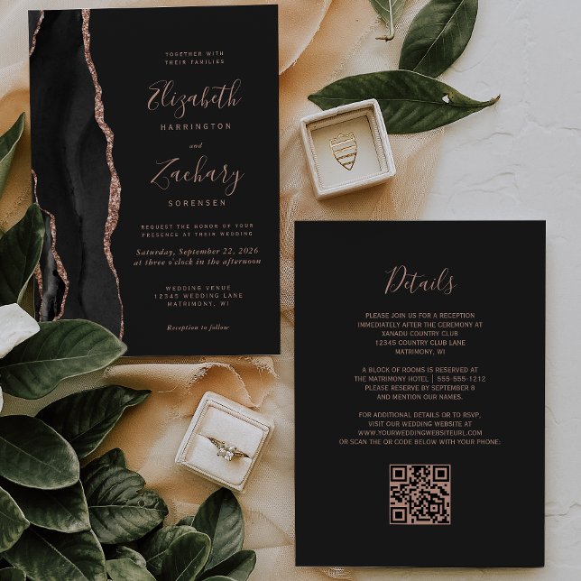 Invitation Chic Rose noir Or Agate Dark QR Code Mariage (Créateur téléchargé)