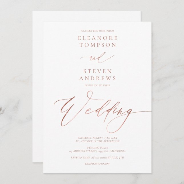 Invitation Chic rose or calligraphie luxe mariage blanc (Devant / Derrière)