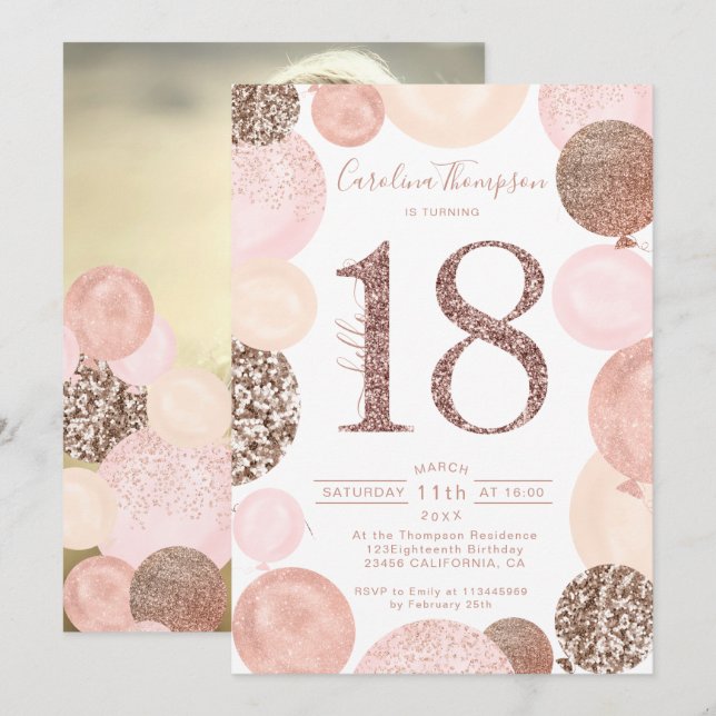Invitation Chic rose or parties scintillant ballon rose  phot (Devant / Derrière)