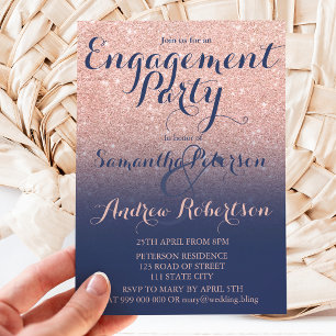 Invitation Chic rose or parties scintillant marine bleu fianç