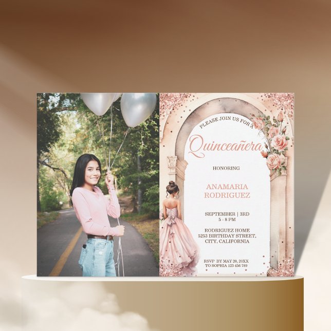 Invitation Chic Rose or Quinceañera robe Arc floral photo (Créateur téléchargé)