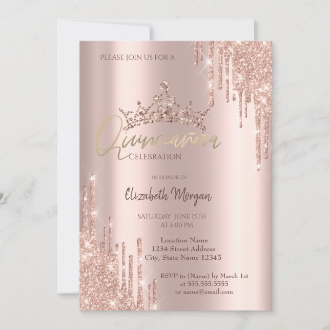 Invitation Chic Rose Parties scintillant or gouttes de couron (Devant)