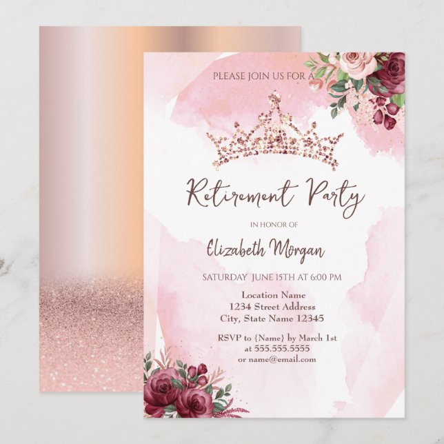 Invitation Chic Rose Parties scintillant or Roses de la Couro (Devant / Derrière)