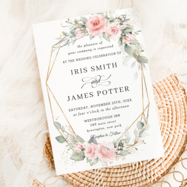 Invitation Chic rose rose floral verdure Mariage géométrique (Créateur téléchargé)