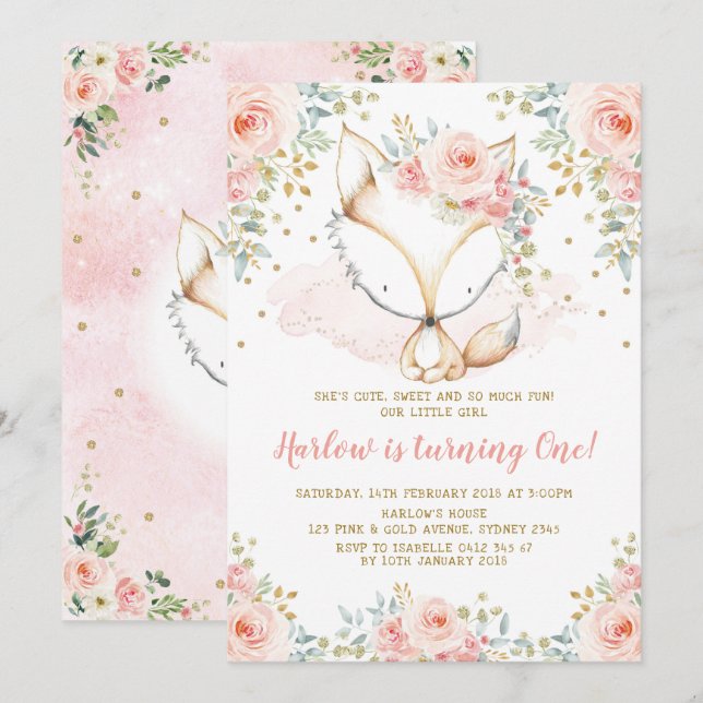 Invitation Chic Rose Rose Girl Fox Baby 1er anniversaire Wood (Devant / Derrière)
