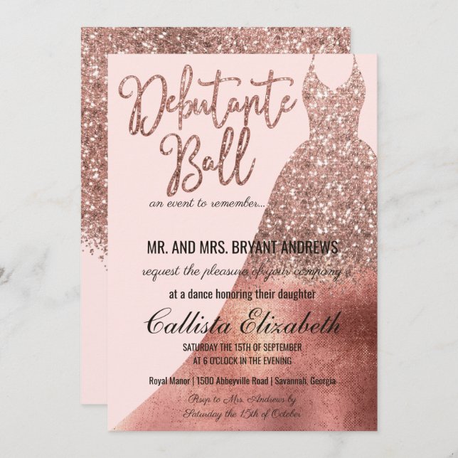 Invitation Chic Rose Rose Gold Parties scintillant robe Debut (Devant / Derrière)