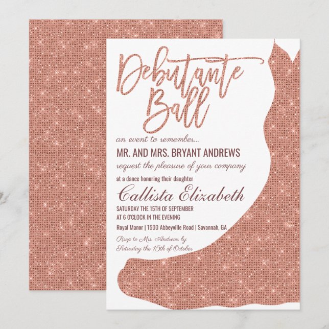 Invitation Chic Rose Rose or Parties scintillant robe Debutan (Devant / Derrière)