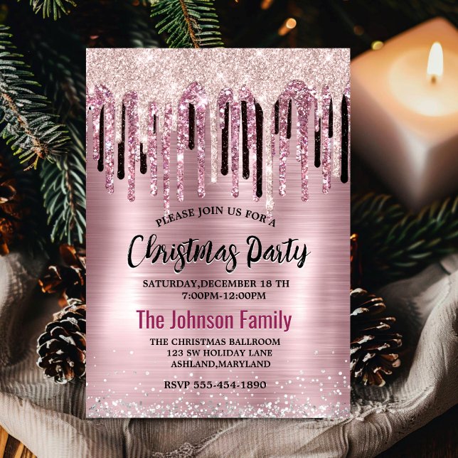 Invitation Chic rose rose rousse goutte monogramme Noël (Créateur téléchargé)