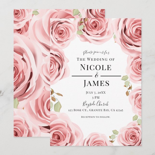 Invitation Chic Rose rose Shabby  Rustic Glam Mariage (Devant / Derrière)