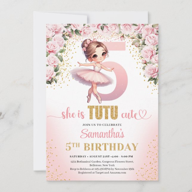 Invitation Chic rose roses or ballerine fille 5e anniversaire (Devant)