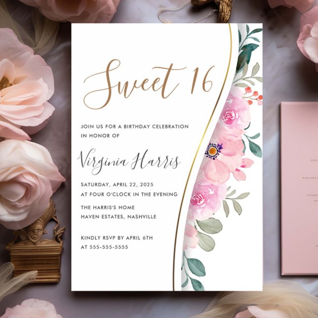 Invitation Chic rose Sweet sixteen de feuillage floral 16 Ann (Créateur téléchargé)