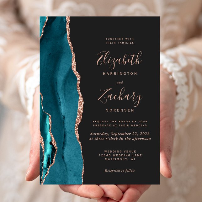 Invitation Chic Rose Turquoise Or Agate Mariage foncé (Créateur téléchargé)