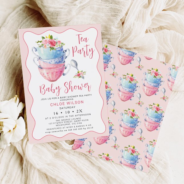 Invitation Chic Rose Vague Florale Baby shower Tea Party (Pink wave chic baby shower tea party invitation featuring some stacked teacup and flowers.)