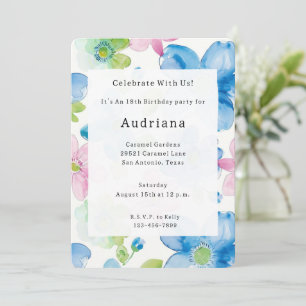 Invitation Chic Rose Vert Bleu Floral Anniversaire