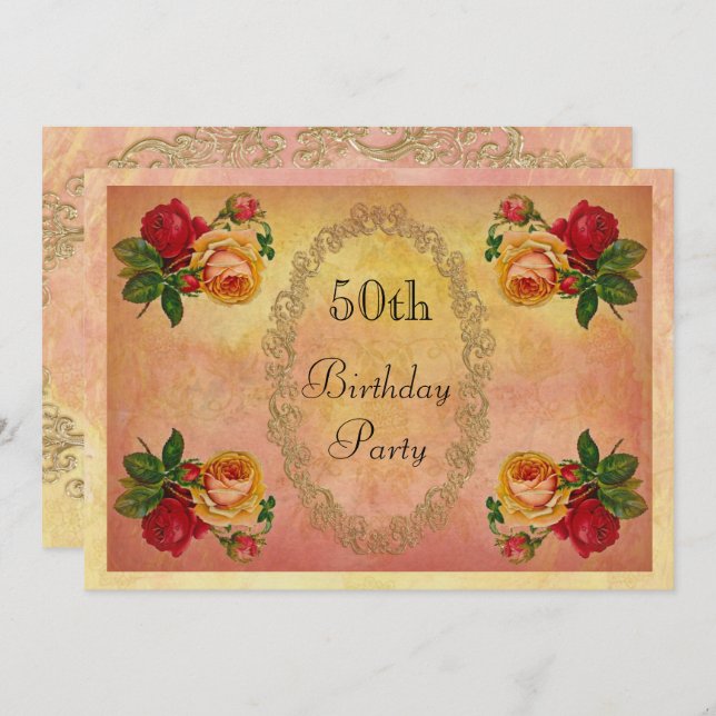 Invitation Chic Rose Vintage 50e anniversaire (Devant / Derrière)