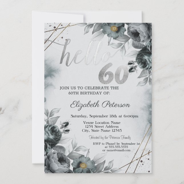 Invitation Chic Roses Gray 60th Birthday (Devant)