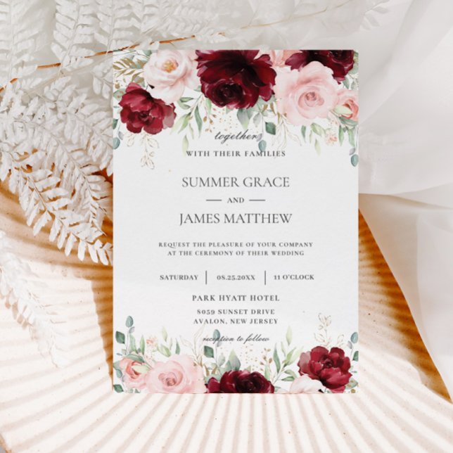 Invitation Chic Rouge Bourgogne Blush Rose Roses Mariage Flor (Créateur téléchargé)