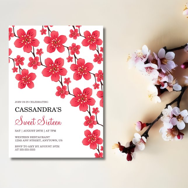 Invitation Chic rouge cerisier fleurs florales Anniversaire b (Créateur téléchargé)