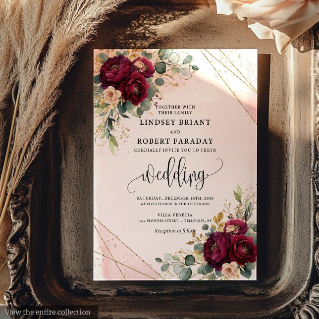 Invitation Chic rouge foncé or flush Fleurs Mariage rustique (Chic Dark Red Gold Blush Flowers Rustic Wedding Invitation)