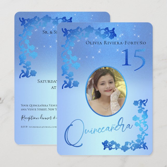 Invitation Chic Royal Blue Parties scintillant Floral Photo Q (Devant / Derrière)