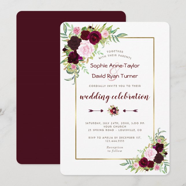 Invitation Chic Royal Bourgogne Marsala Mariage Floral (Devant / Derrière)