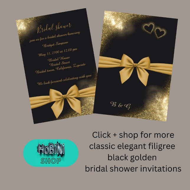 Invitation chic ruban élégant noir doré douche nuptiale (classic elegant filigree black golden bridal shower invitation)