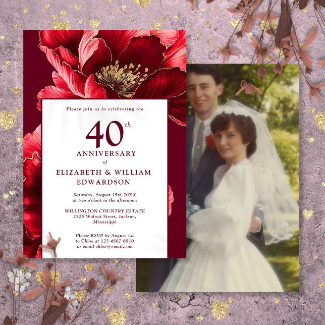 Invitation Chic Ruby Red Floral 40e anniversaire Photo (Chic Ruby Red Floral 40th Anniversary Photo Invitation)