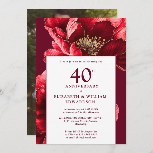 Invitation Chic Ruby Red Floral 40e anniversaire Photo (Devant / Derrière)