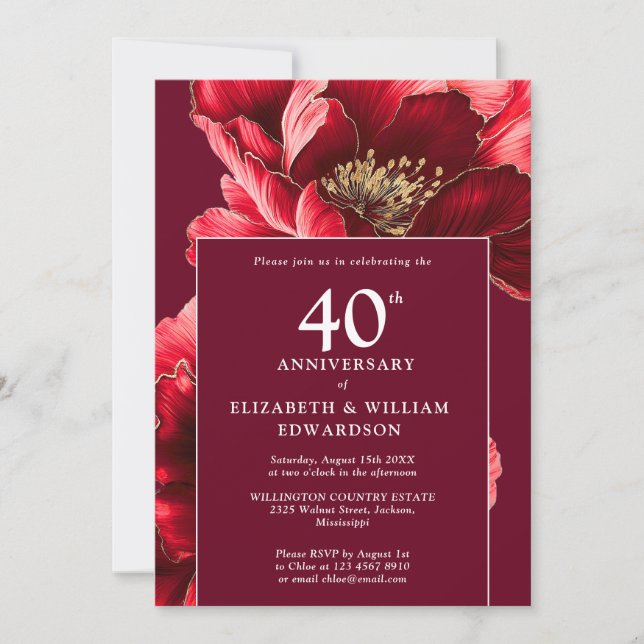 Invitation Chic Ruby Rouge Élégant Floral 40e Anniversaire (Devant)