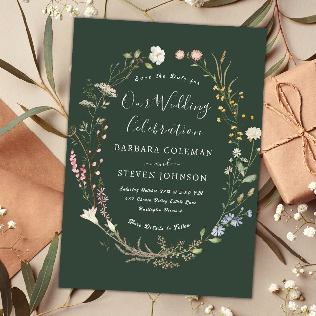 Invitation Chic Rustic Boho Fleur sauvage Forest Mariage vert (Créateur téléchargé)