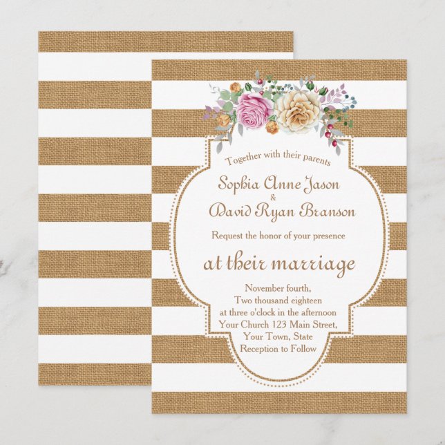 Invitation Chic Rustic Floral Burlap Stripes Mariage Invite (Devant / Derrière)