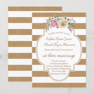 Invitation Chic Rustic Floral Burlap Stripes Mariage Invite