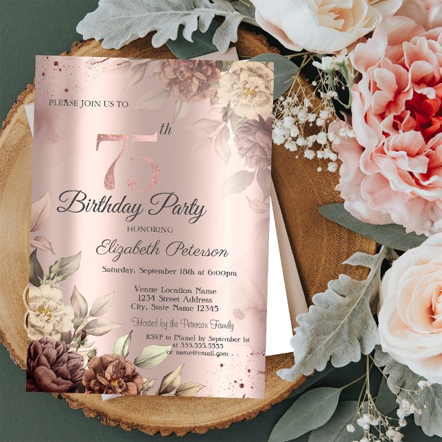 Invitation Chic Rustic Flowers Rose Gold 75e anniversaire (Créateur téléchargé)
