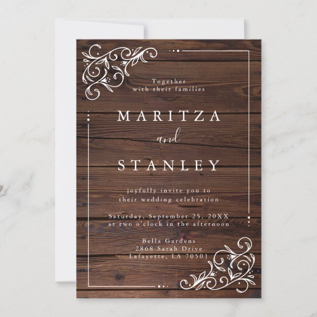 Invitation Chic Rustic Grange Woodsy Mariage de script blanc (Devant)
