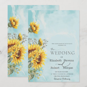 Invitation Chic Rustic Sunflowers Mariage bleu