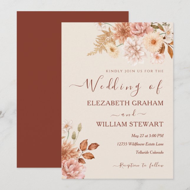 Invitation Chic Rustic Terracotta Boho Fall Foliage Mariage (Devant / Derrière)