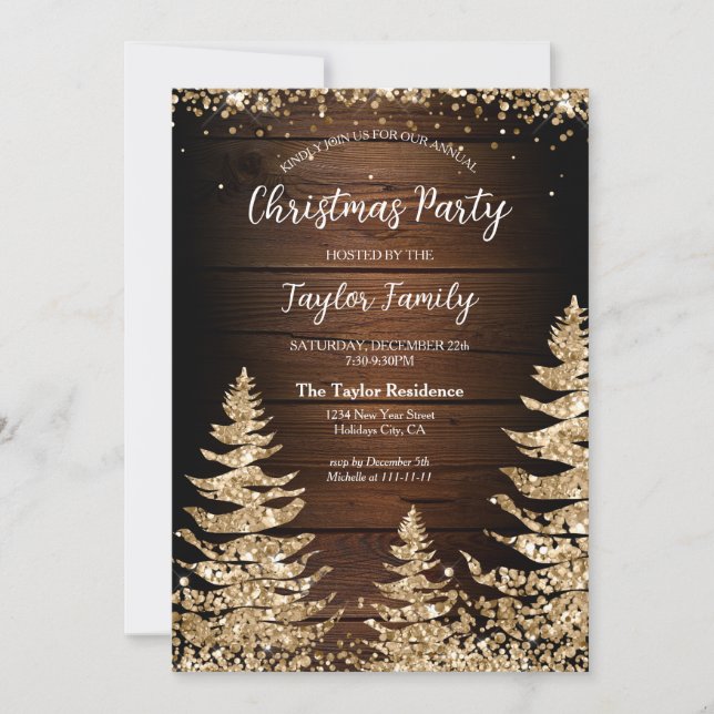Invitation Chic RusticWood Parties scintillant Christmas Tree (Devant)