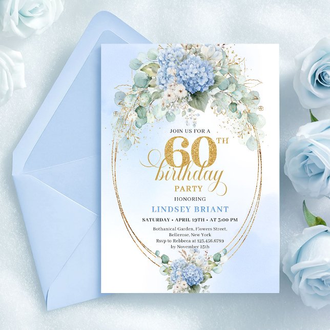 Invitation Chic Rustique Douces Hydrangeas Bleu Or 60 Anniver (Chic Rustic Soft Blue Hydrangeas Gold 60th Birthday)