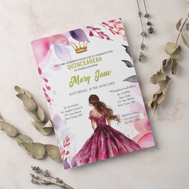 Invitation Chic Sage Baby rose Floral or Quinceañera (Créateur téléchargé)