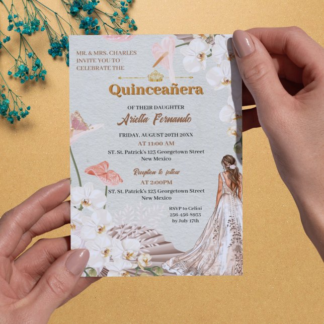 Invitation Chic Sage & Blush Floral Quinceañera (Chic Sage & Blush Floral Quinceañera Invitation with Gold Accents)