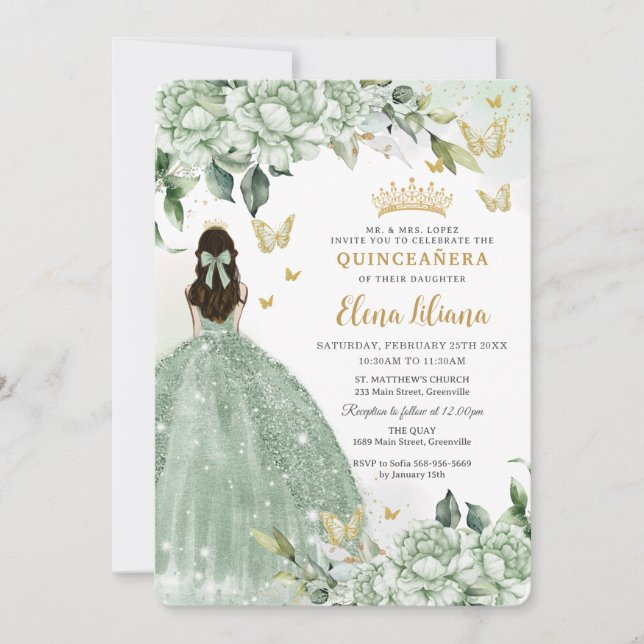 Invitation Chic Sage Green Papillons Floraux Quinceañera (Devant)
