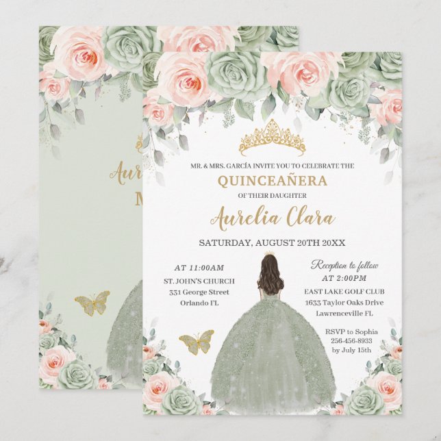 Invitation Chic Sage Vert Blush Floral Or Quinceañera XV (Devant / Derrière)