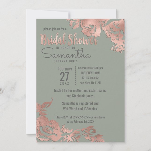 Invitation Chic Sage Vert Rose or Fête des mariées Florale  (Devant)