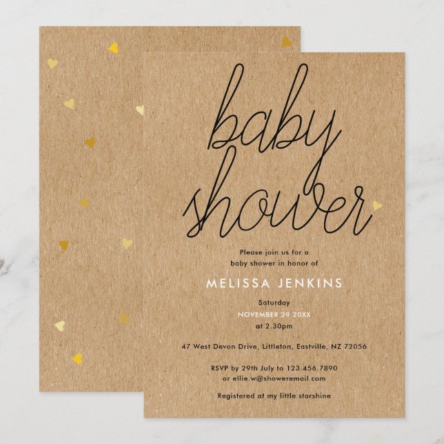 Invitation Chic Script Baby shower Gold Coeurs Rustique Kraft (Devant / Derrière)