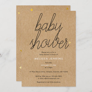Invitation Chic Script Baby shower Gold Coeurs Rustique Kraft
