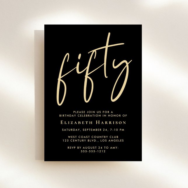Invitation Chic Script Black Gold 50e fête d'anniversaire (Créateur téléchargé)