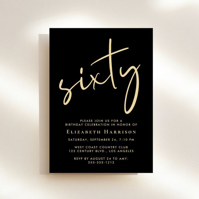 Invitation Chic Script Black Gold 60e fête d'anniversaire (Créateur téléchargé)