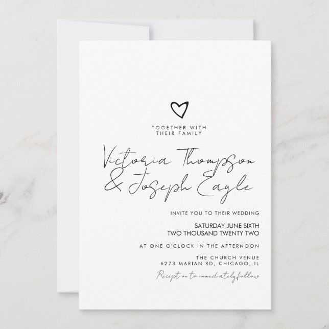 Invitation Chic Script Coeur incliné noir blanc Mariage (Devant)