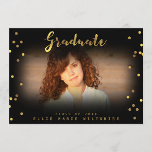 Invitation Chic Script Faux Gold Foil Confetti Graduate Photo